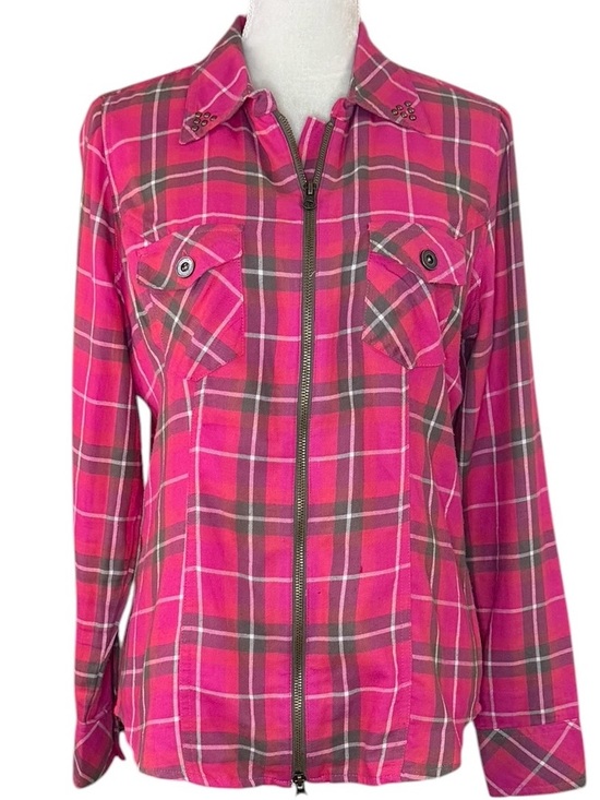 Cato Jackets & Blazers - Cato Women’s Medium Pink Plaid Zip Front Shirt Jacket Studded Western Top